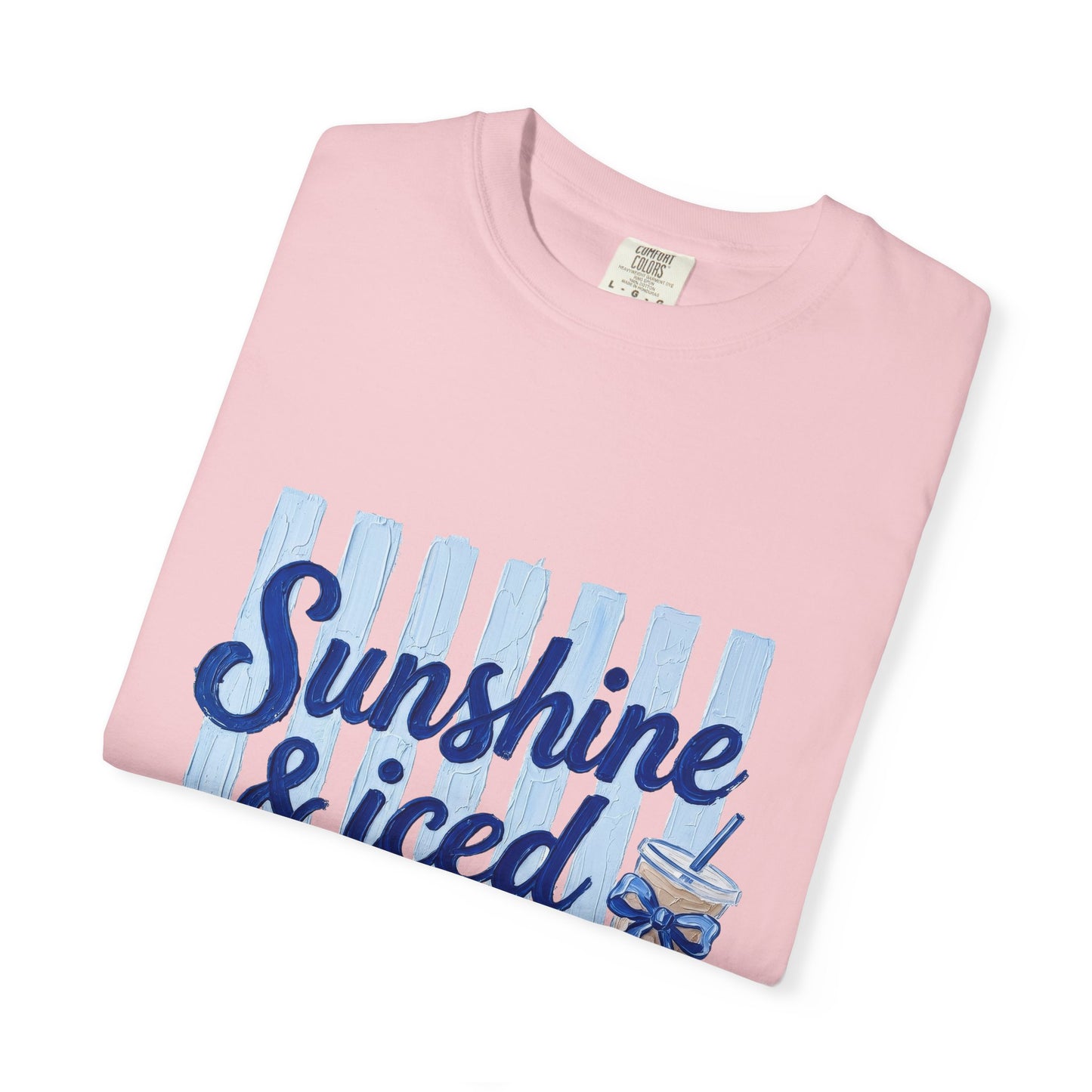 Sunshine & Iced Coffee T-shirt | Summer Stripes, Blue Script