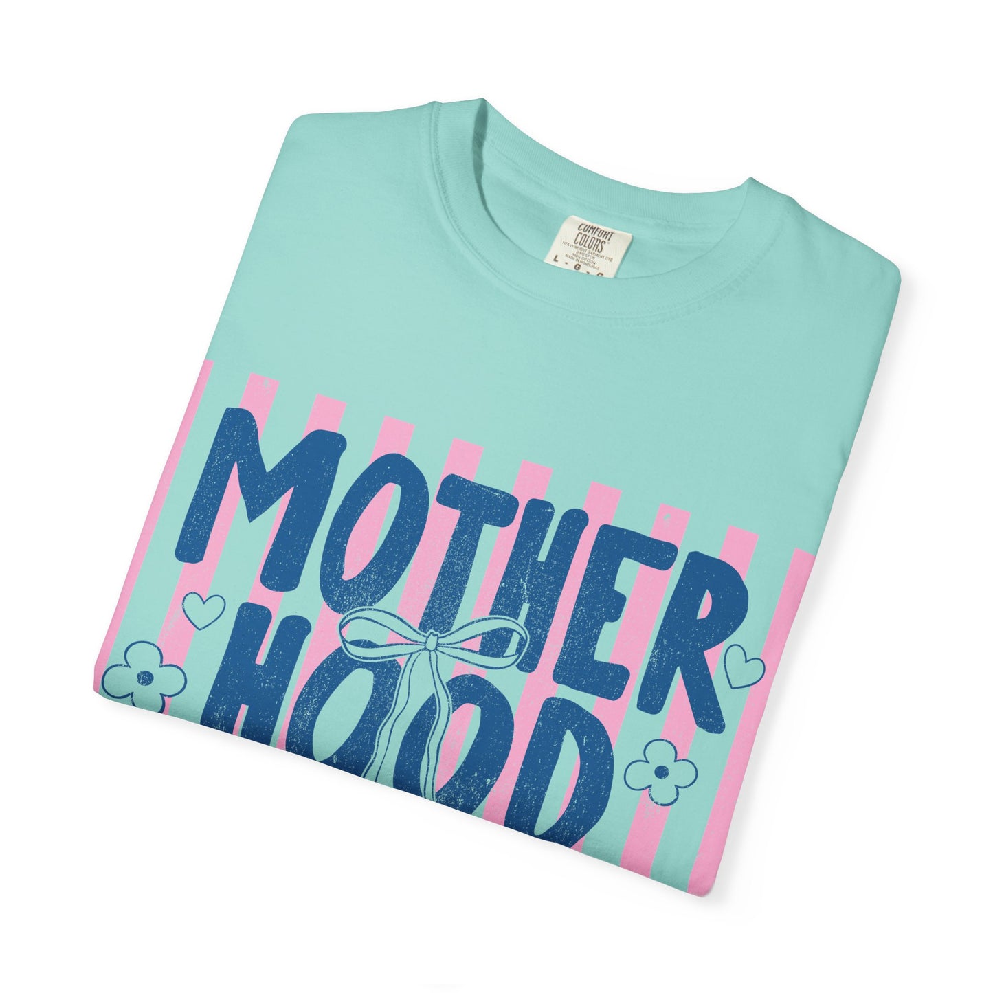 Motherhood graphic T-Shirt | pink stripes, navy script, floral accents