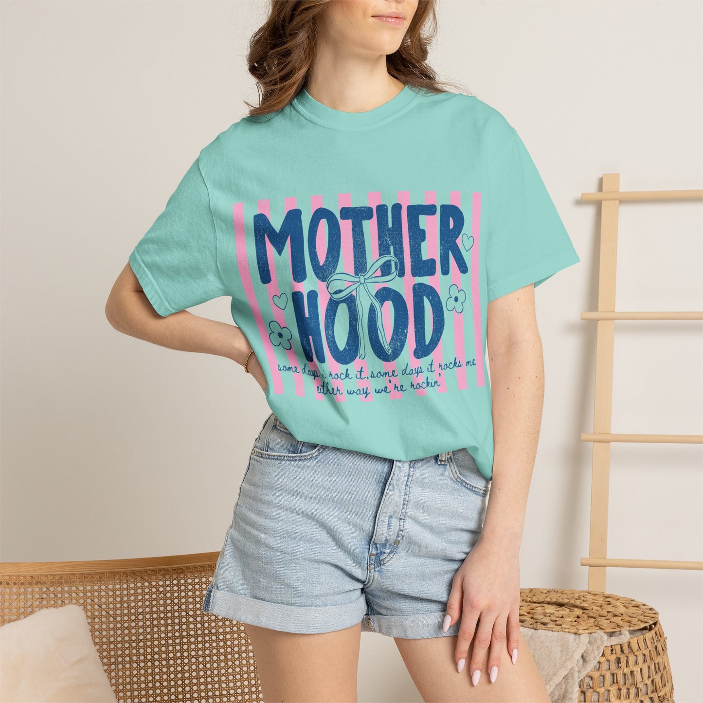 Motherhood graphic T-Shirt | pink stripes, navy script, floral accents