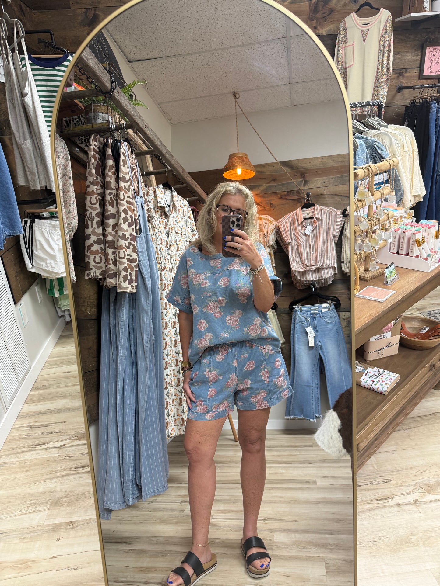 Floral Cuffed Short Sleeve Top Loose Shorts 2pcs Denim Set