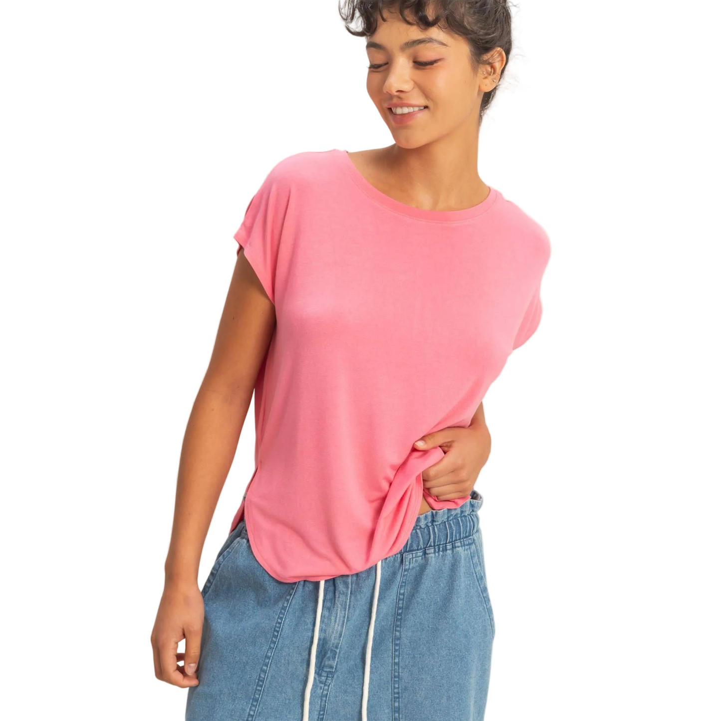 Relaxed Dolman Short Sleeve Round Neck Top