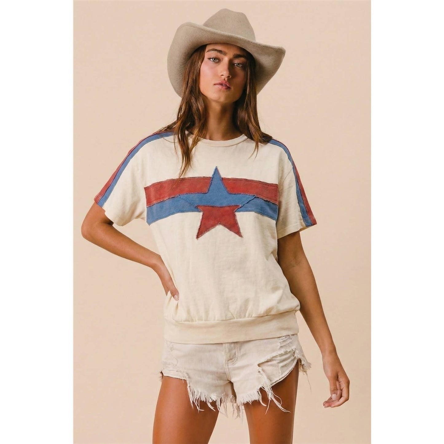 4TH OF JULY COLOR BLOCK STAR PATCHED SHORT SLEEVE TOP