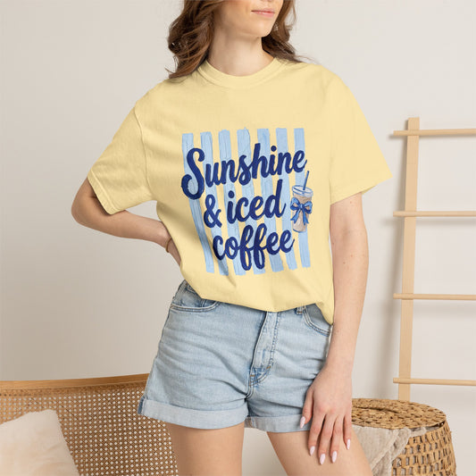 Sunshine & Iced Coffee T-shirt | Summer Stripes, Blue Script