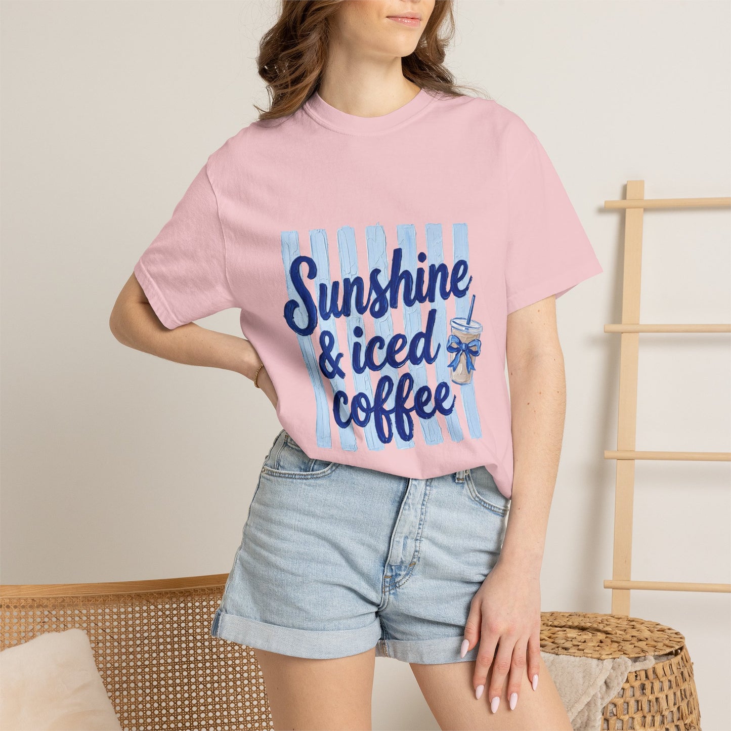 Sunshine & Iced Coffee T-shirt | Summer Stripes, Blue Script