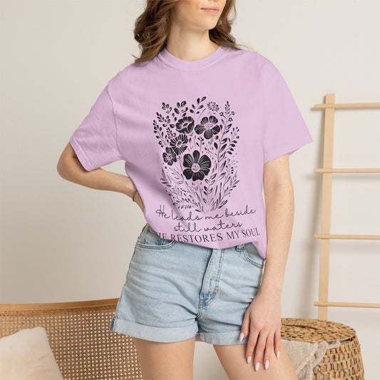 He Leads Me Beside Still Waters floral scripture T-shirt | He Restores My Soul - Black Font