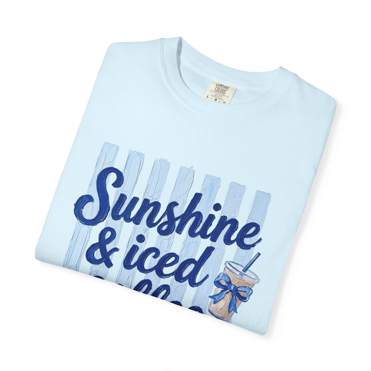 Sunshine & Iced Coffee T-shirt | Summer Stripes, Blue Script
