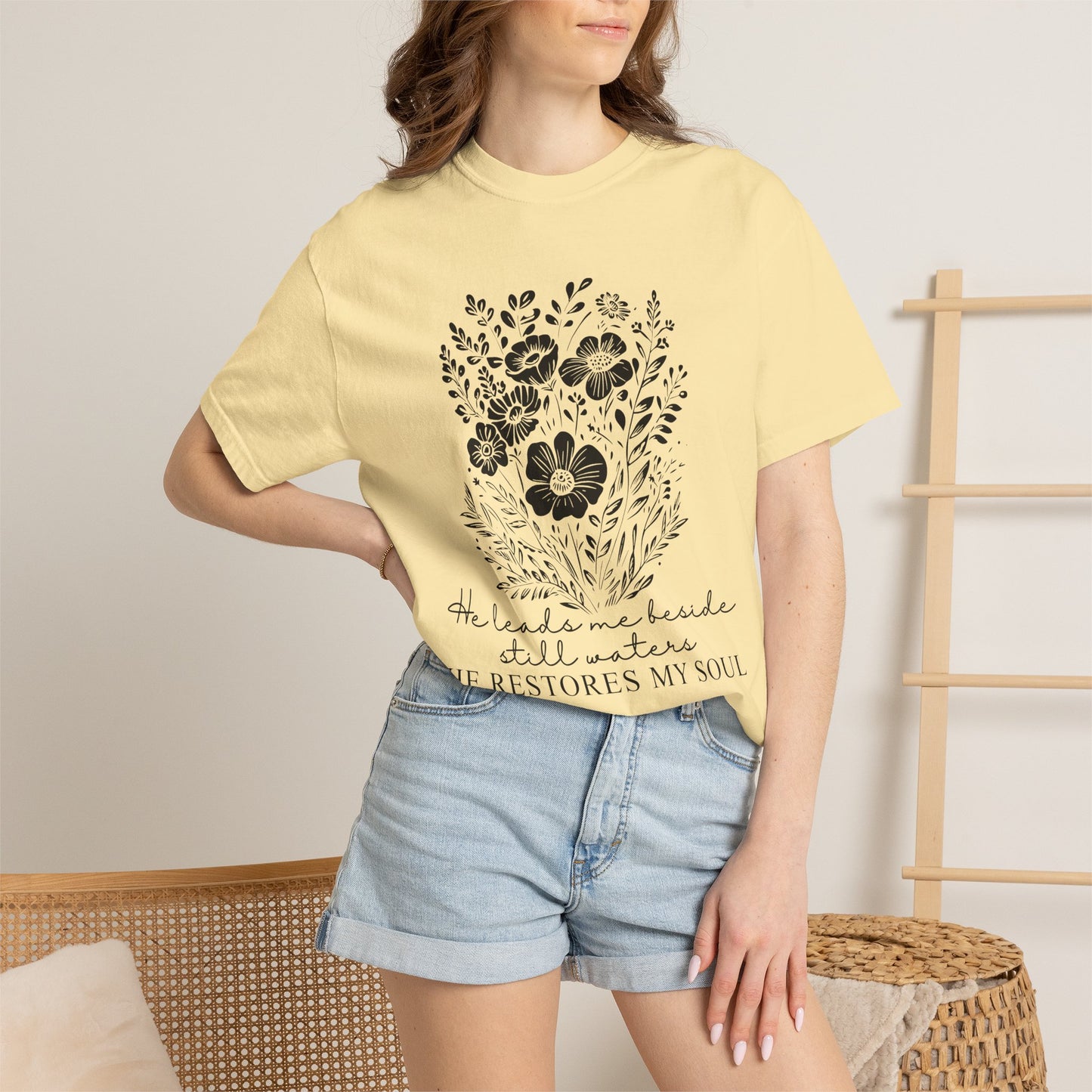 He Leads Me Beside Still Waters floral scripture T-shirt | He Restores My Soul - Black Font