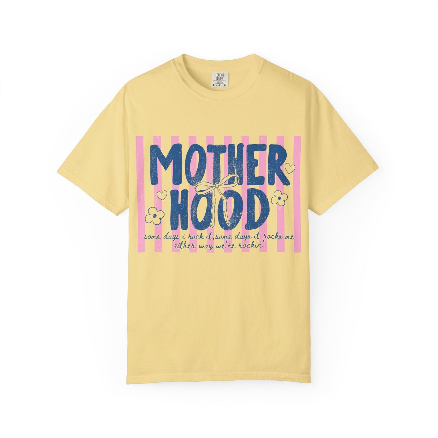 Motherhood graphic T-Shirt | pink stripes, navy script, floral accents