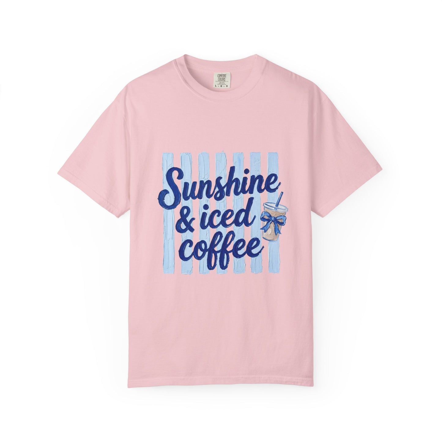 Sunshine & Iced Coffee T-shirt | Summer Stripes, Blue Script
