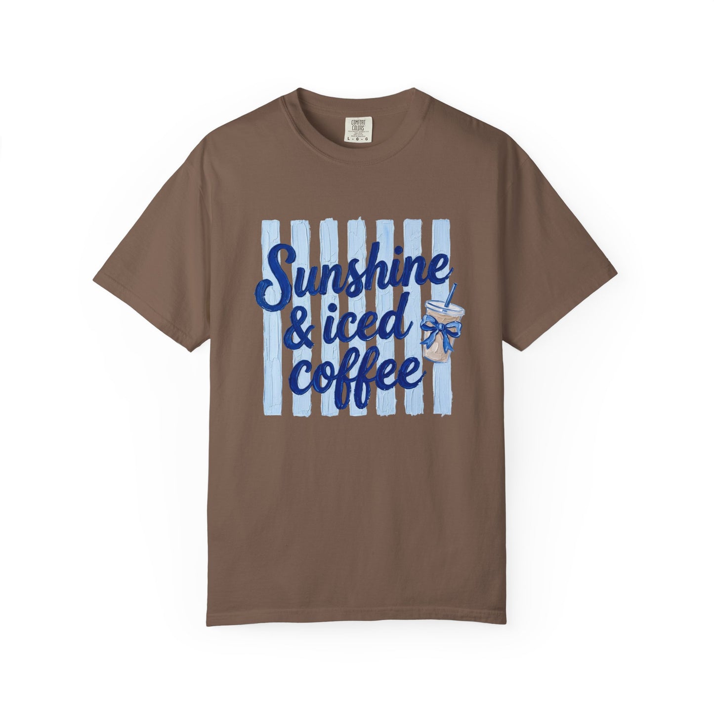 Sunshine & Iced Coffee T-shirt | Summer Stripes, Blue Script