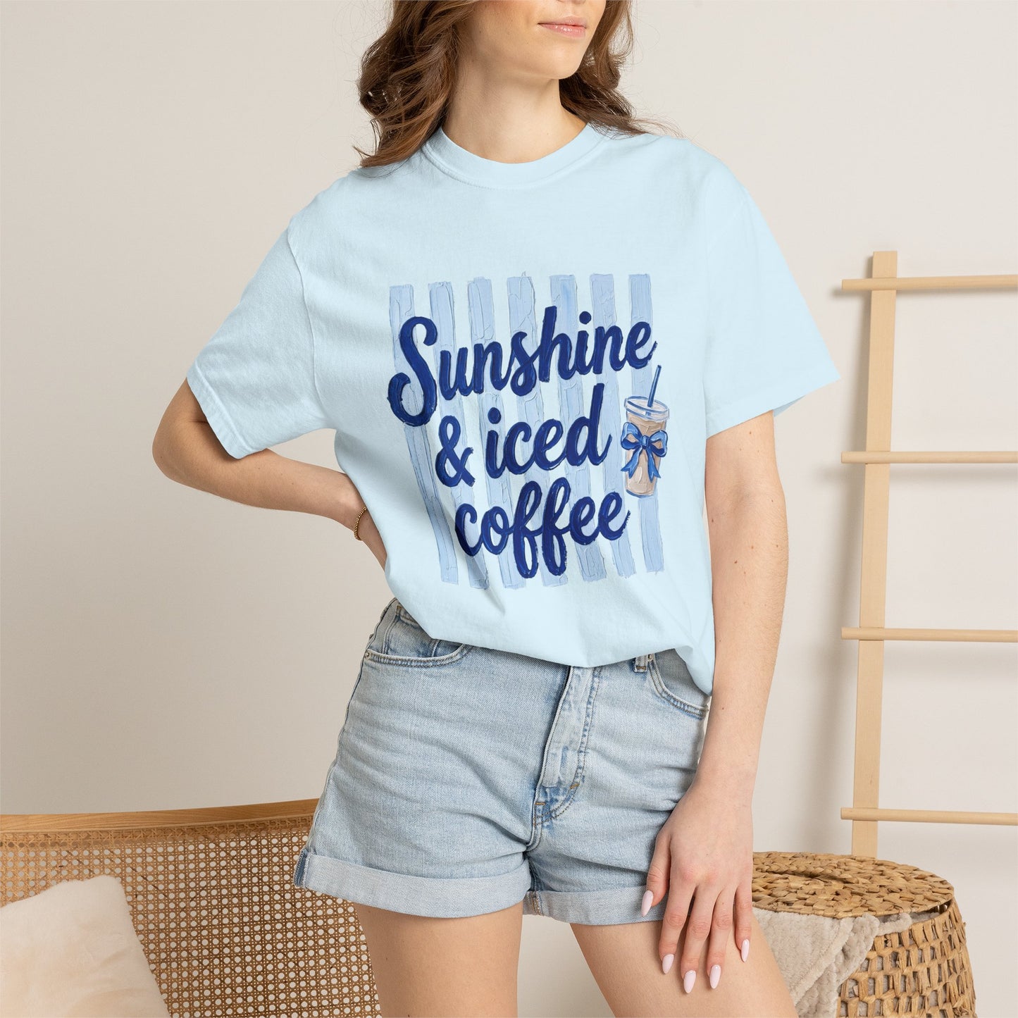 Sunshine & Iced Coffee T-shirt | Summer Stripes, Blue Script