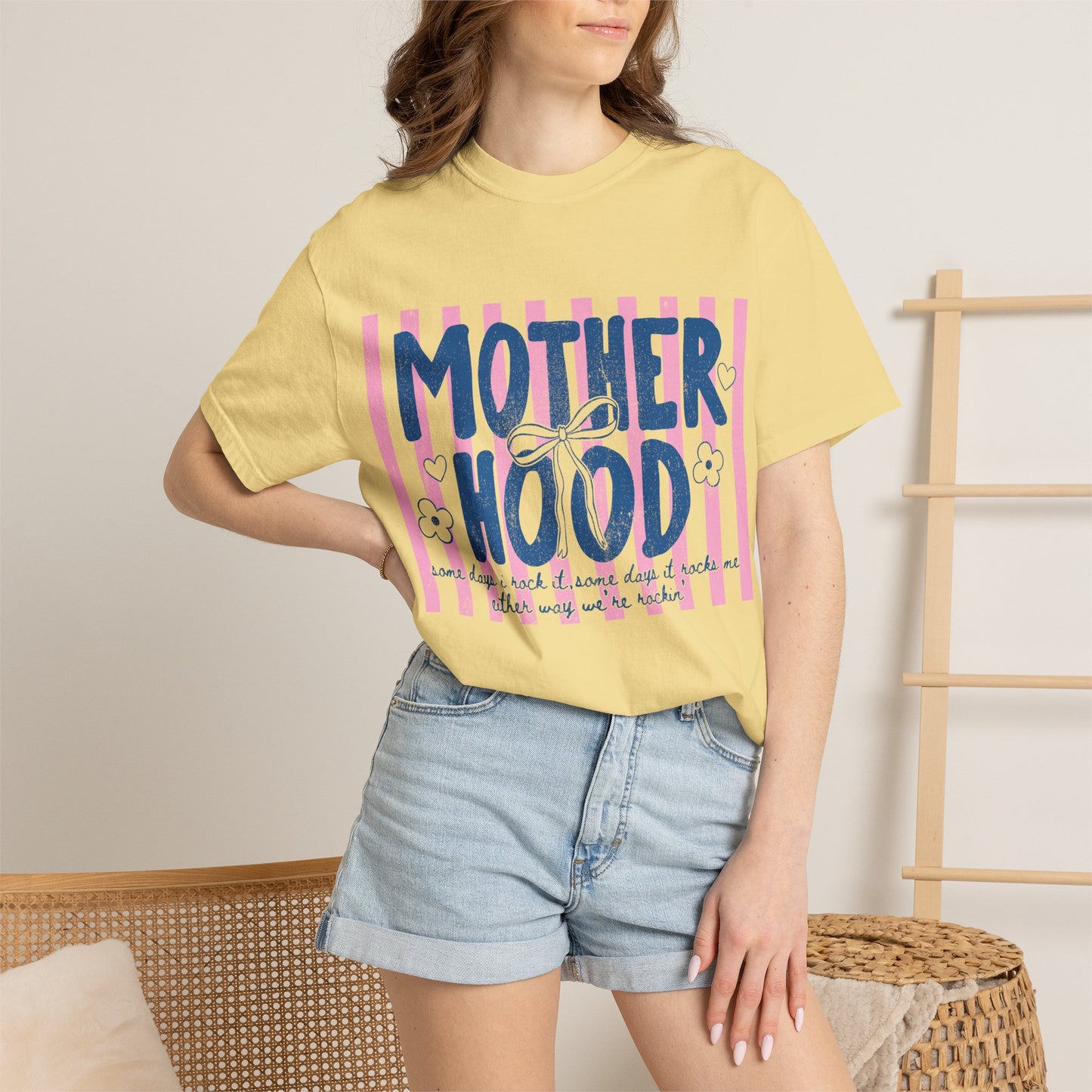 Motherhood graphic T-Shirt | pink stripes, navy script, floral accents