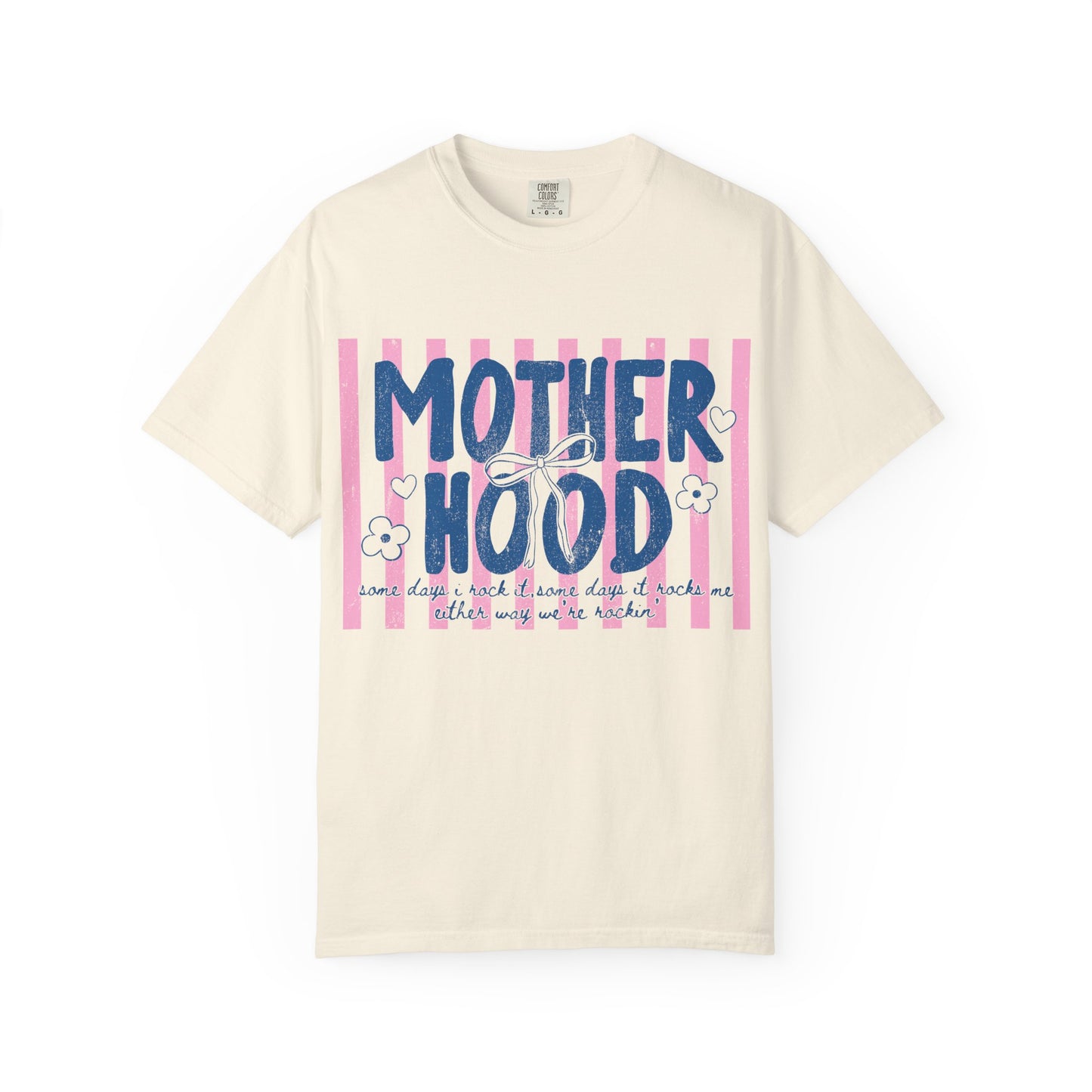 Motherhood graphic T-Shirt | pink stripes, navy script, floral accents