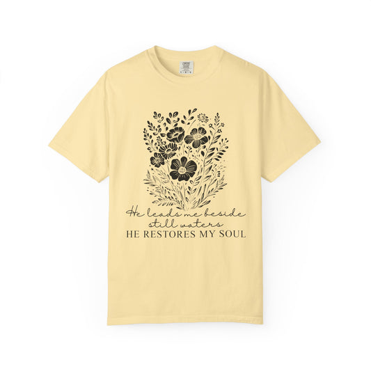 He Leads Me Beside Still Waters floral scripture T-shirt | He Restores My Soul - Black Font