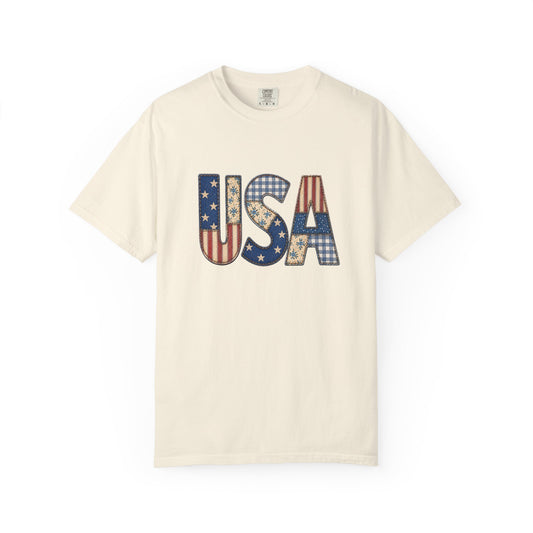 USA Flag Pattern T-Shirt | Patriotic Fourth of July Tee - Patchwork