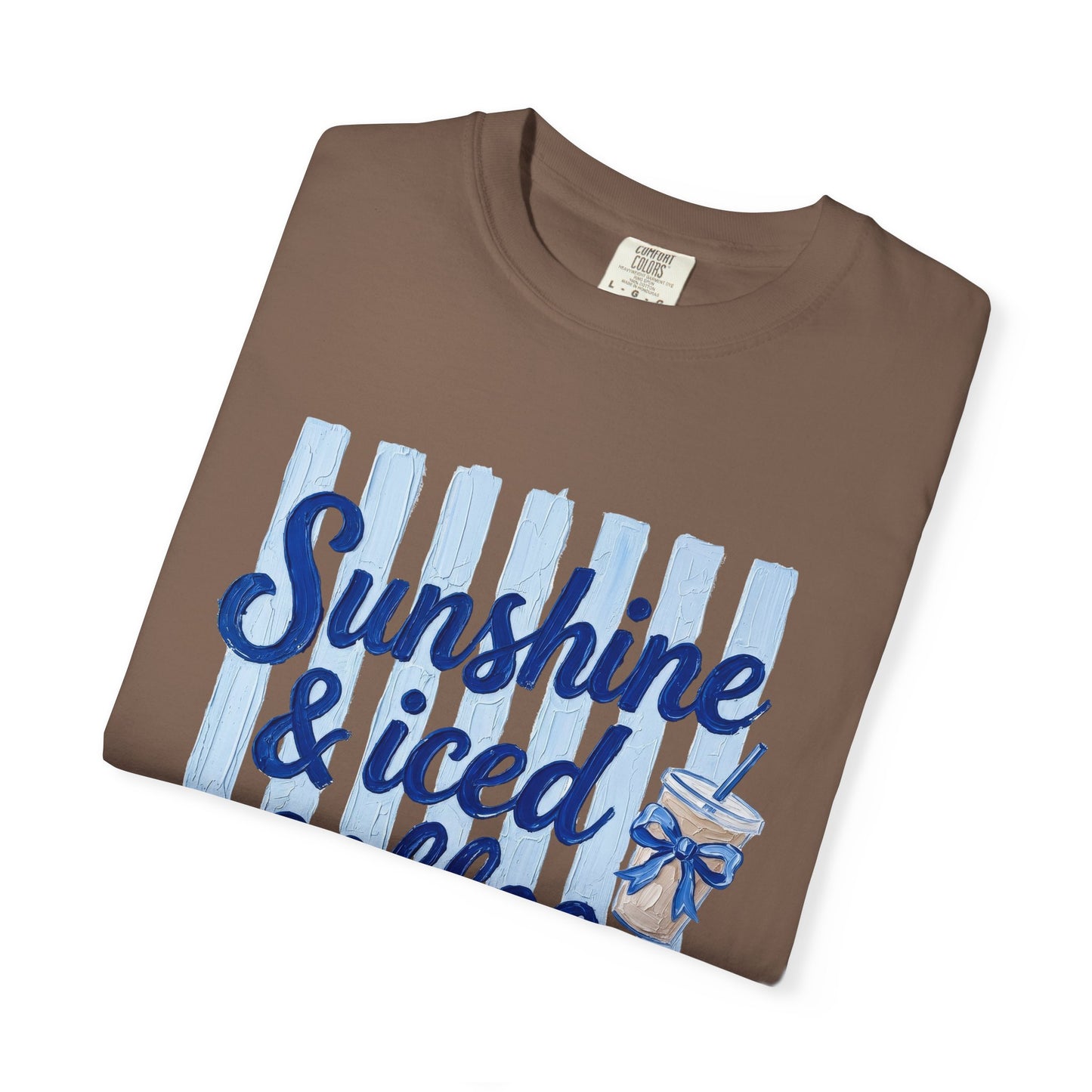 Sunshine & Iced Coffee T-shirt | Summer Stripes, Blue Script