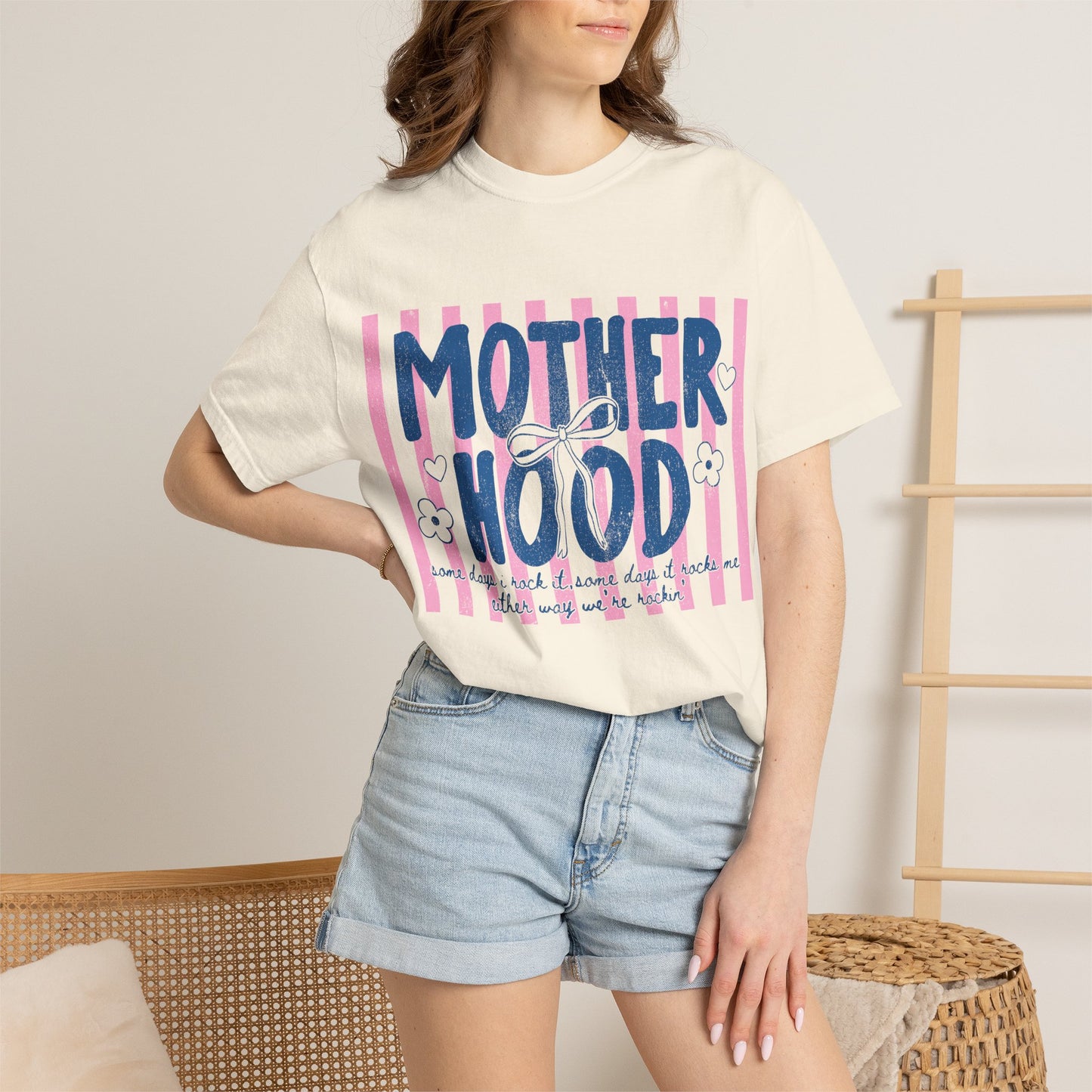 Motherhood graphic T-Shirt | pink stripes, navy script, floral accents