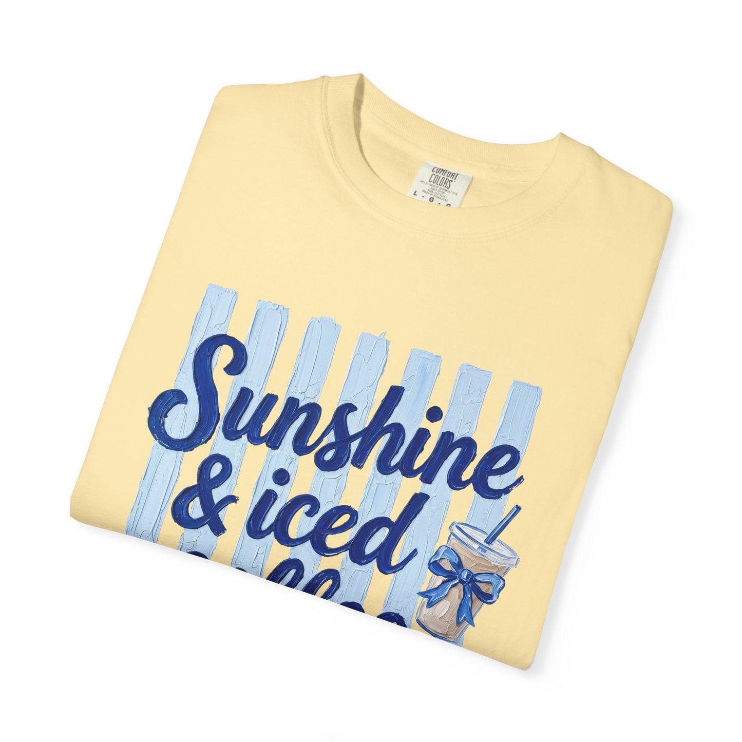 Sunshine & Iced Coffee T-shirt | Summer Stripes, Blue Script
