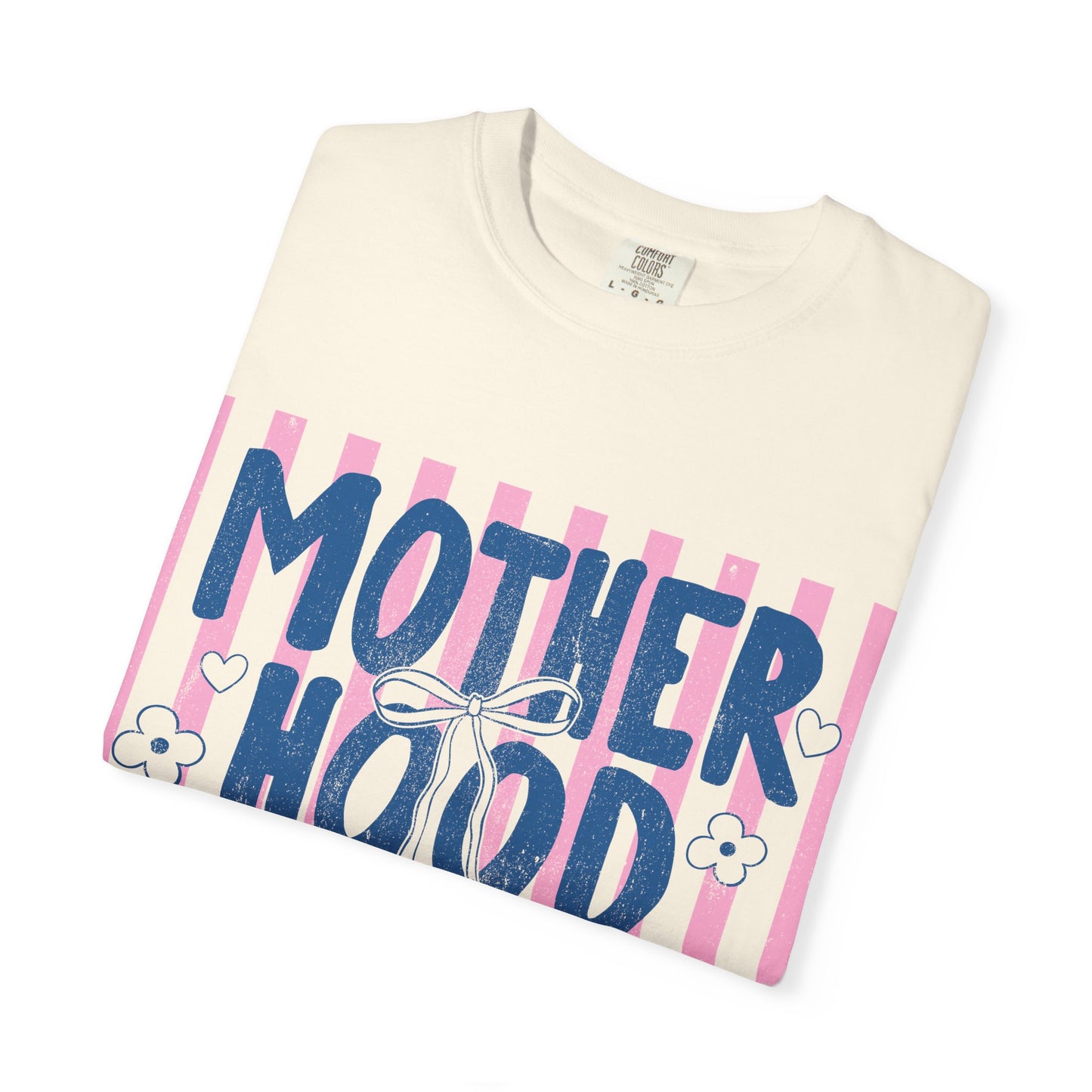 Motherhood graphic T-Shirt | pink stripes, navy script, floral accents