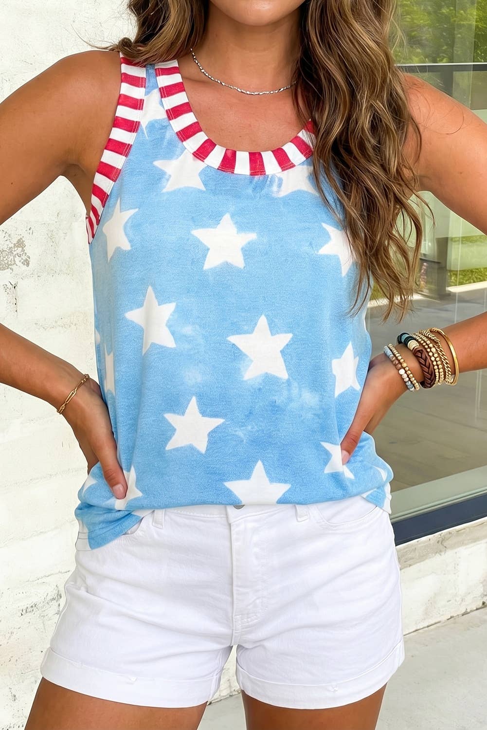 Tie Dye Star 4th of July Striped Trim Round Neck Tank Top