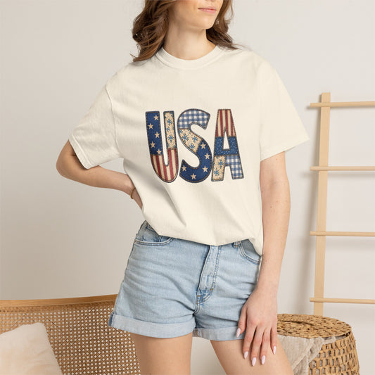 USA Flag Pattern T-Shirt | Patriotic Fourth of July Tee - Patchwork