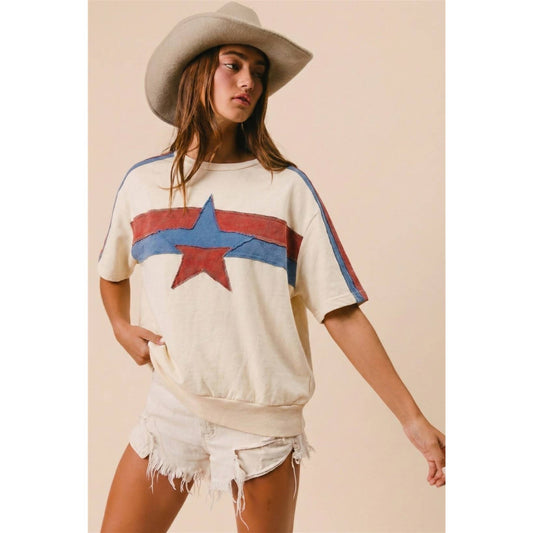 4TH OF JULY COLOR BLOCK STAR PATCHED SHORT SLEEVE TOP