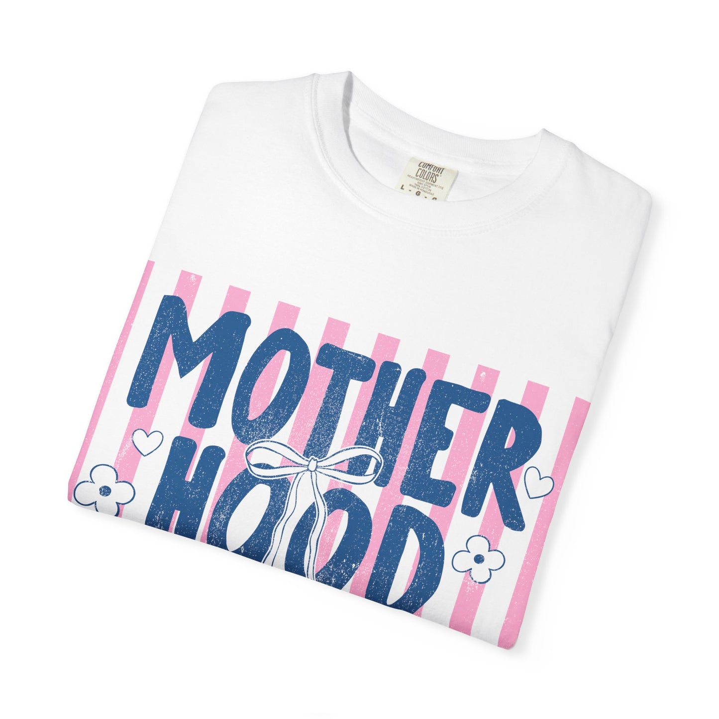 Motherhood graphic T-Shirt | pink stripes, navy script, floral accents