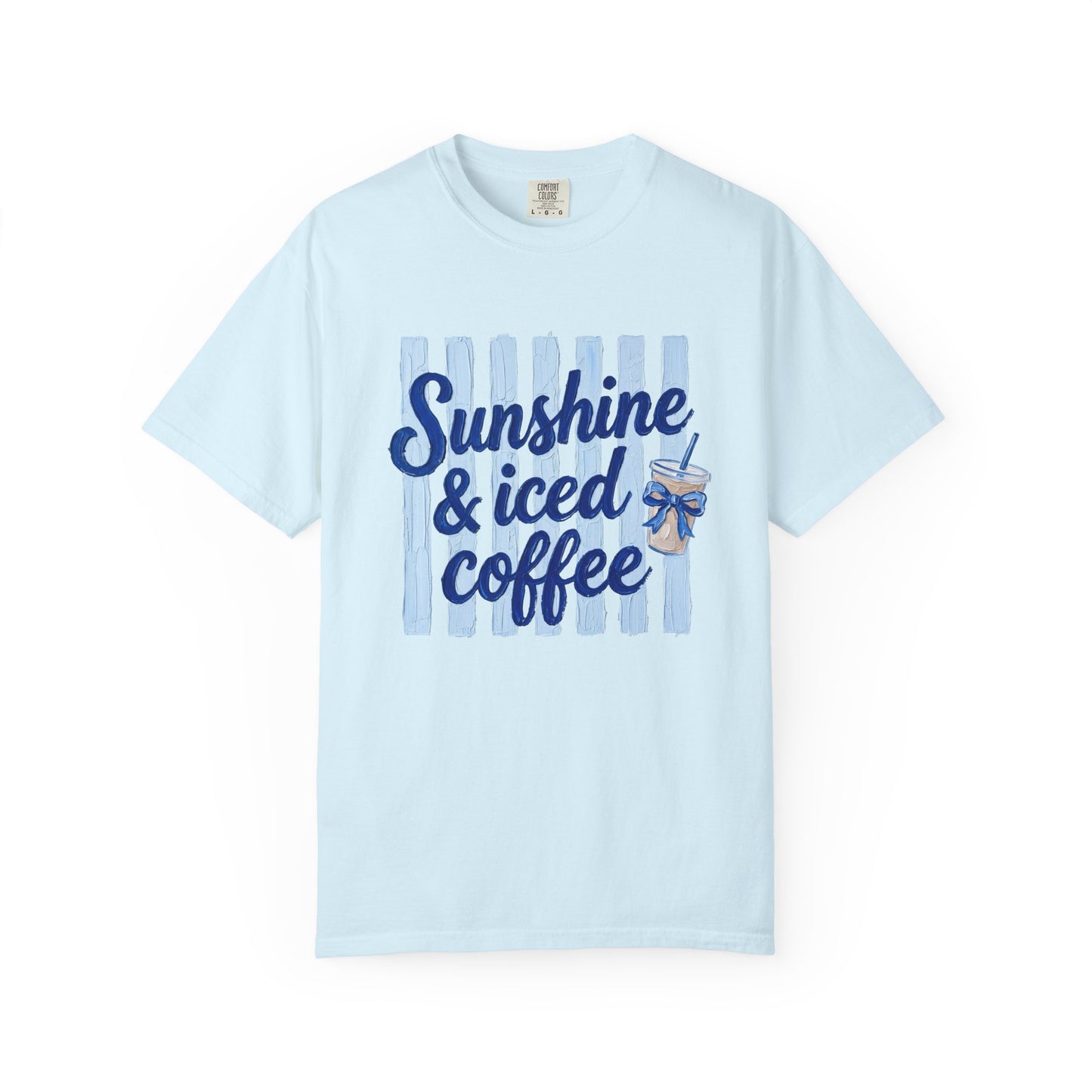 Sunshine & Iced Coffee T-shirt | Summer Stripes, Blue Script