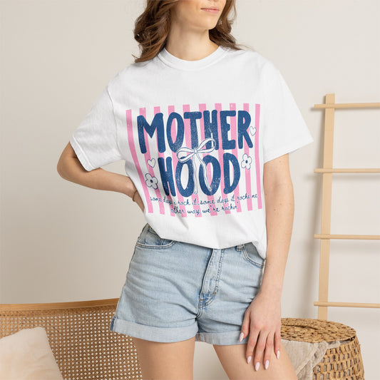 Motherhood graphic T-Shirt | pink stripes, navy script, floral accents