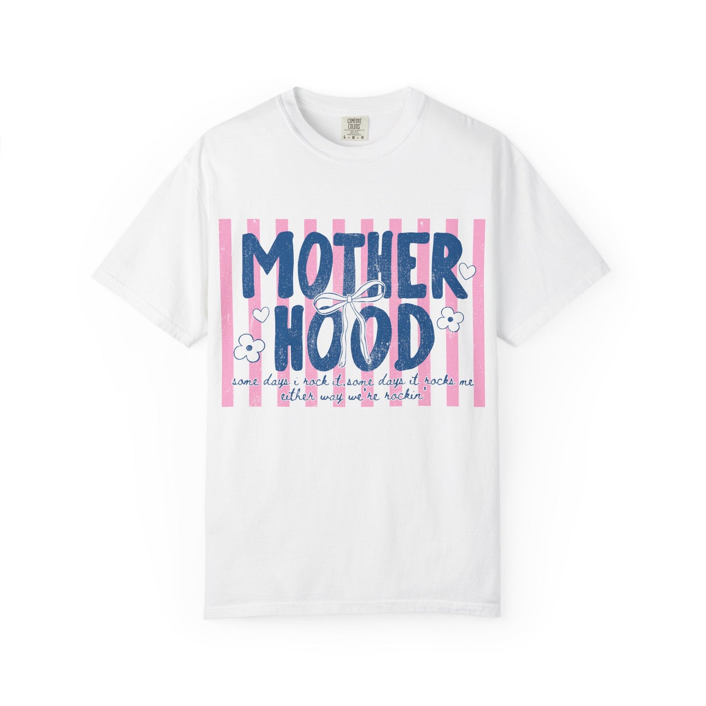 Motherhood graphic T-Shirt | pink stripes, navy script, floral accents