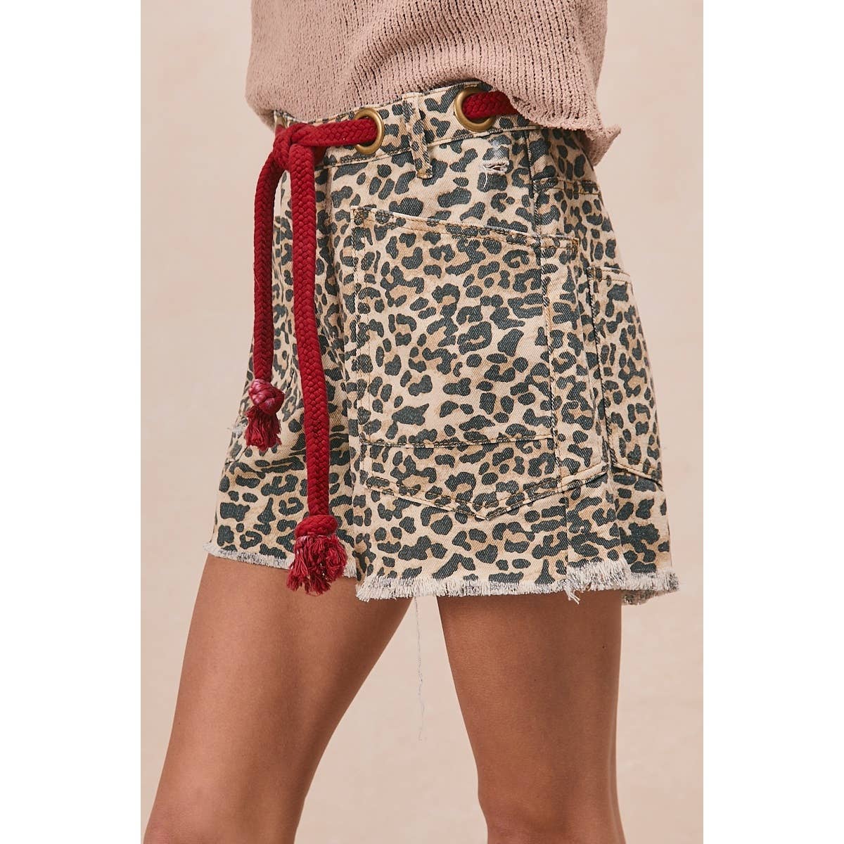 BRAIDED WAIST BELT LEOPARD SHORTS