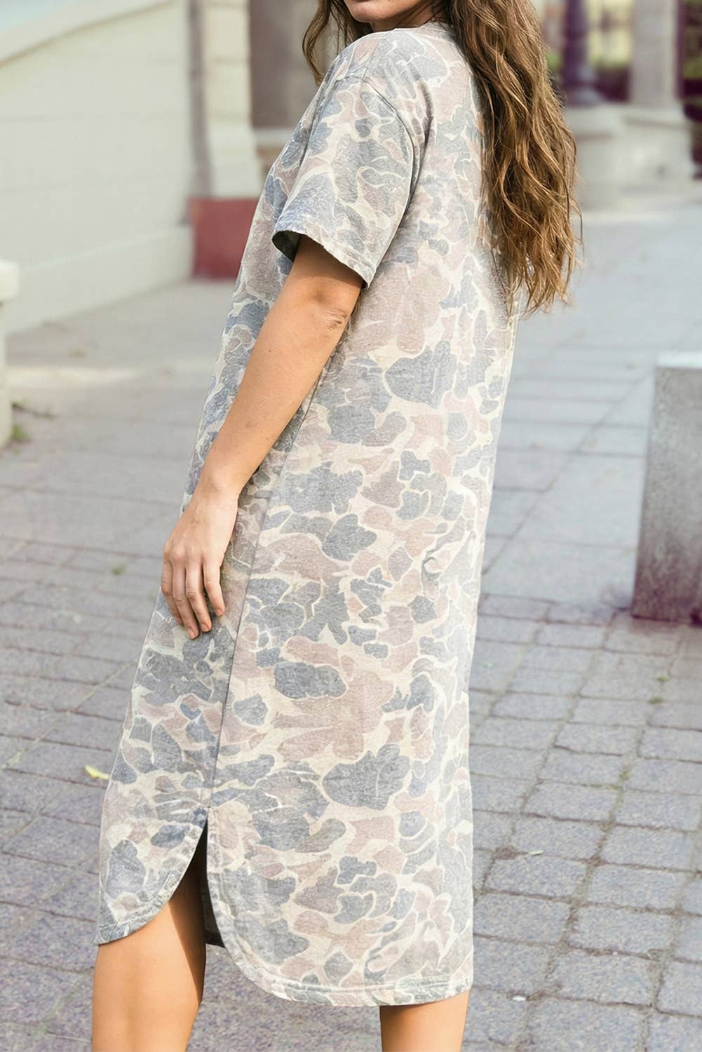 Camouflage Print Round Neck Maxi Tee Dress