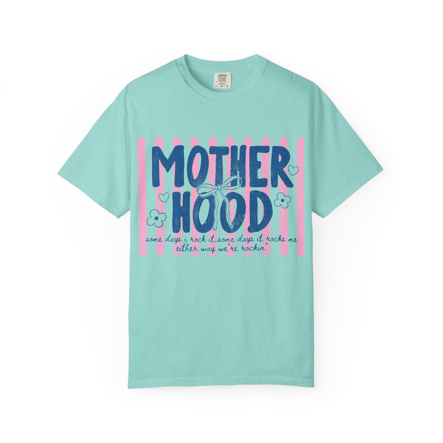 Motherhood graphic T-Shirt | pink stripes, navy script, floral accents