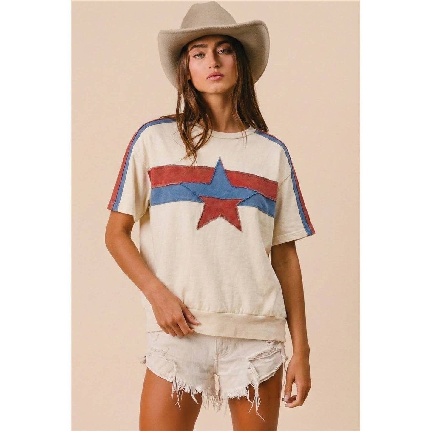 4TH OF JULY COLOR BLOCK STAR PATCHED SHORT SLEEVE TOP