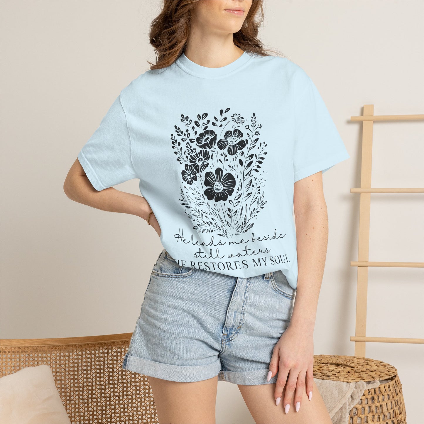 He Leads Me Beside Still Waters floral scripture T-shirt | He Restores My Soul - Black Font