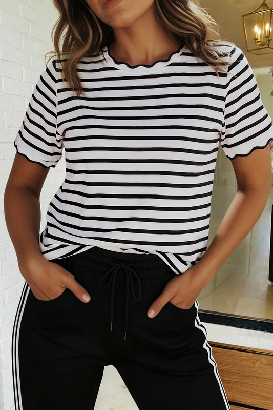 Darlin' Striped Scalloped Trim Round Neck Top