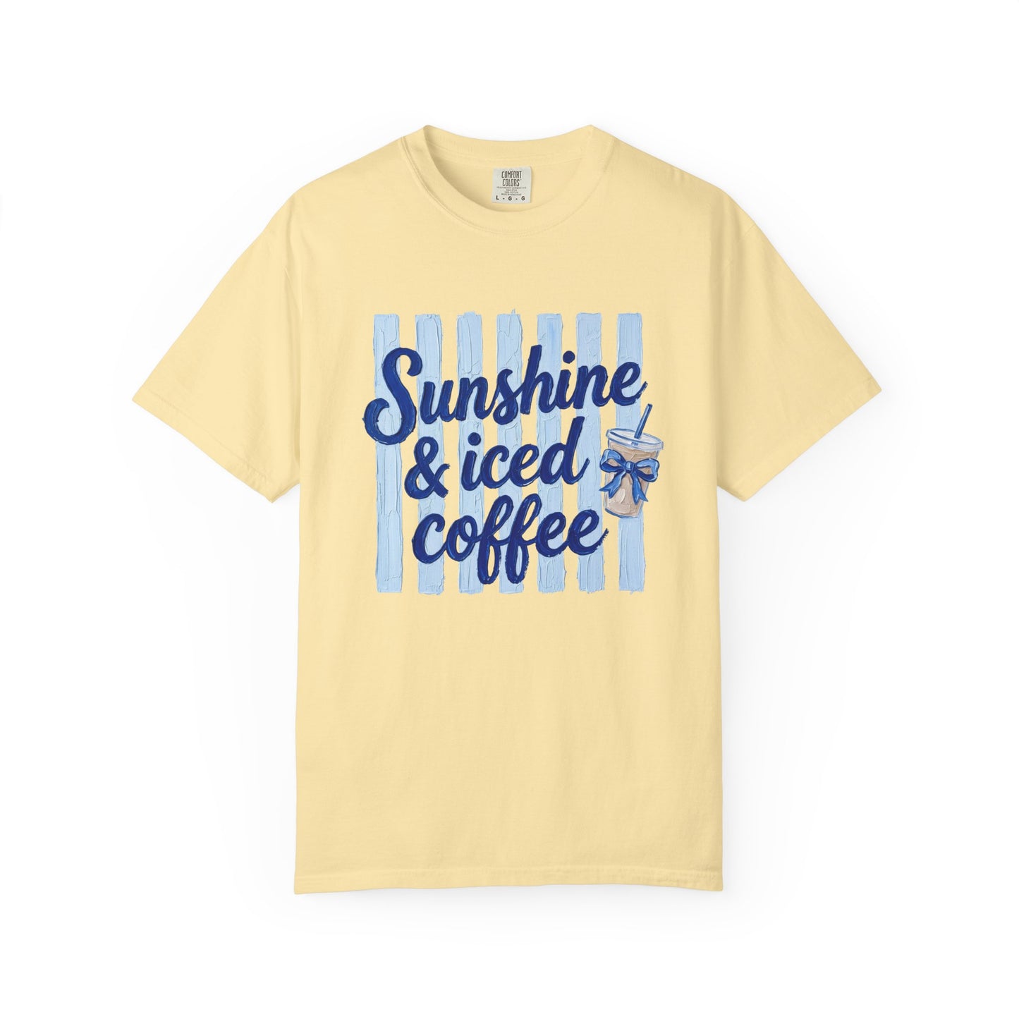 Sunshine & Iced Coffee T-shirt | Summer Stripes, Blue Script