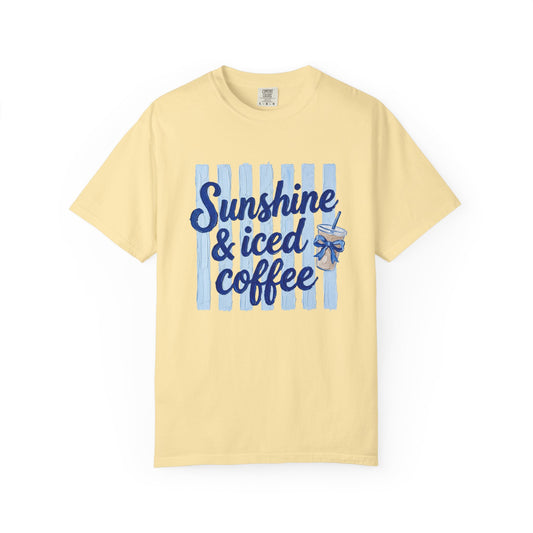 Sunshine & Iced Coffee T-shirt | Summer Stripes, Blue Script