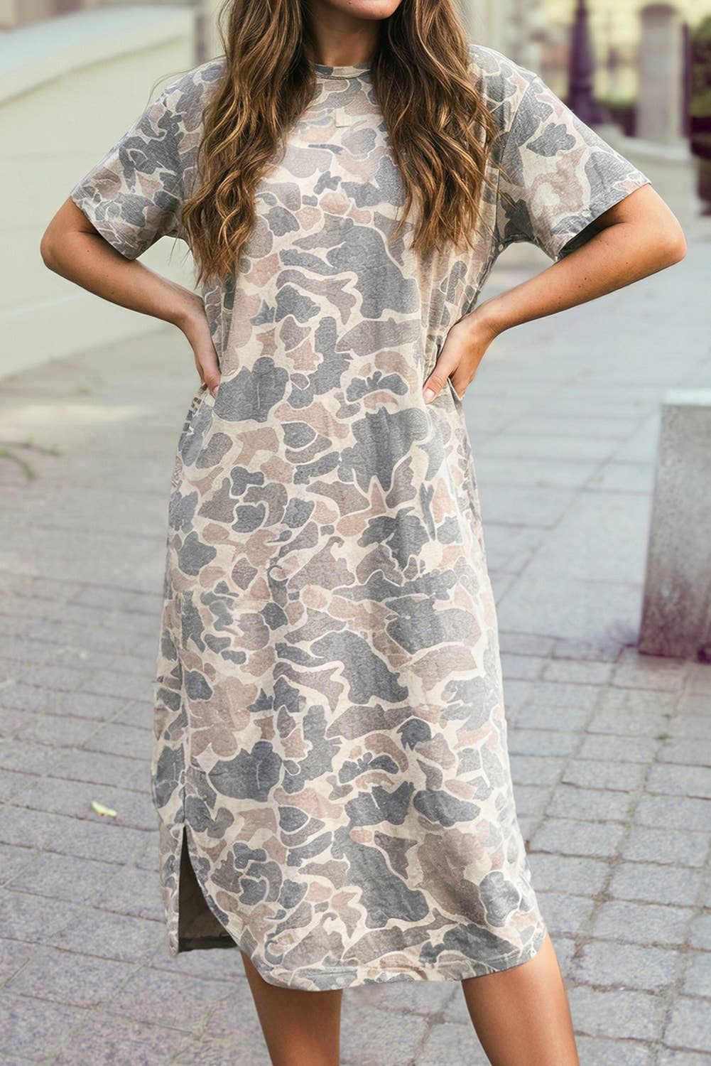 Camouflage Print Round Neck Maxi Tee Dress