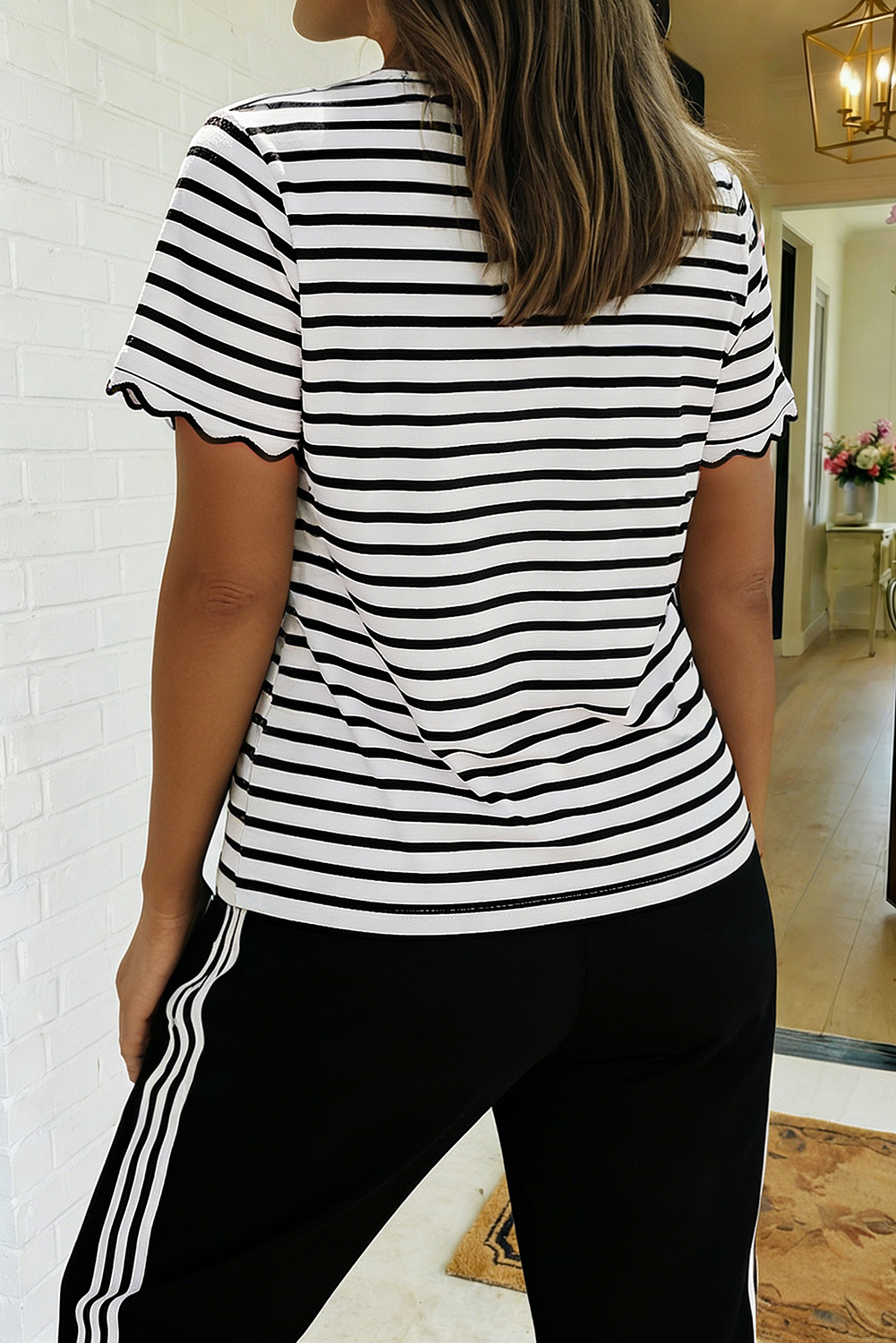 Darlin' Striped Scalloped Trim Round Neck Top