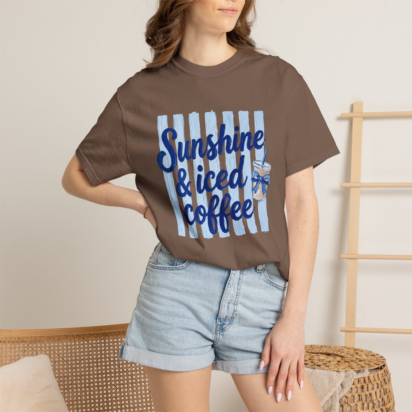 Sunshine & Iced Coffee T-shirt | Summer Stripes, Blue Script