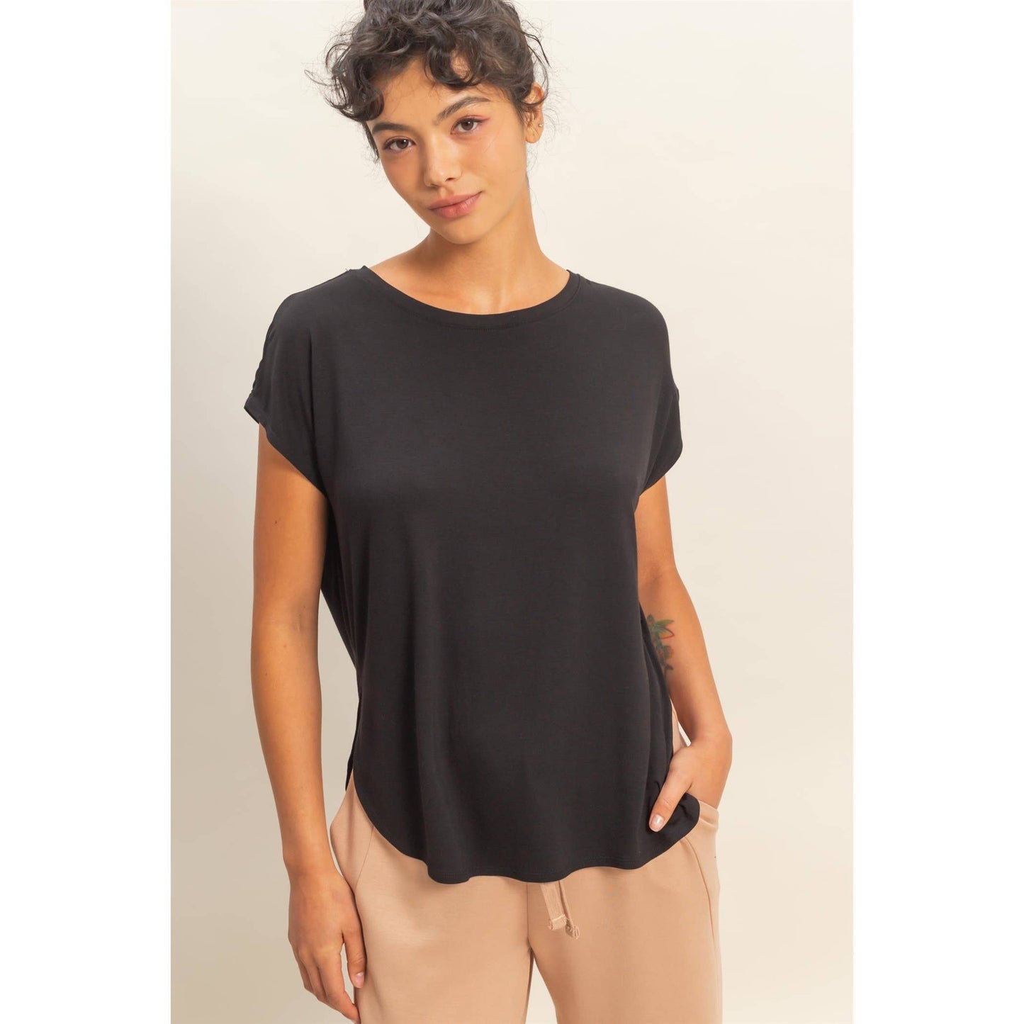 Relaxed Dolman Short Sleeve  Round Neck Top