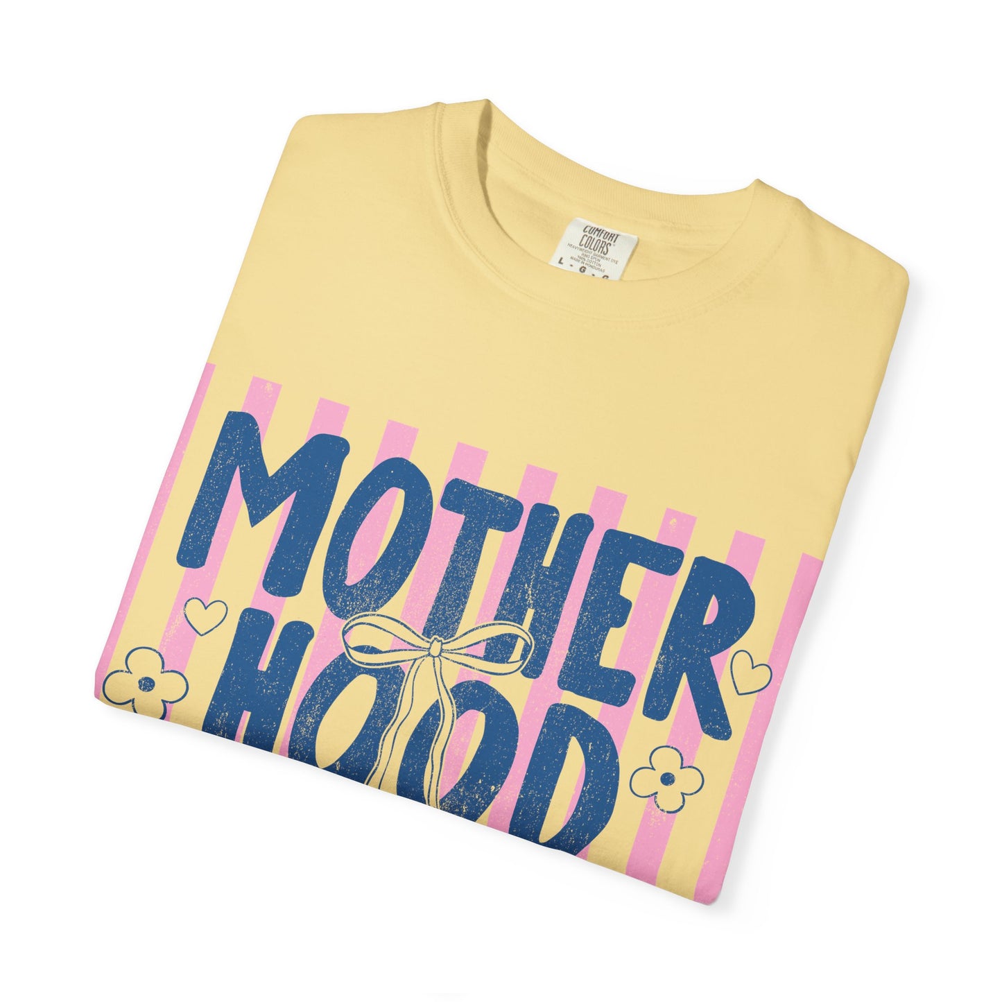 Motherhood graphic T-Shirt | pink stripes, navy script, floral accents