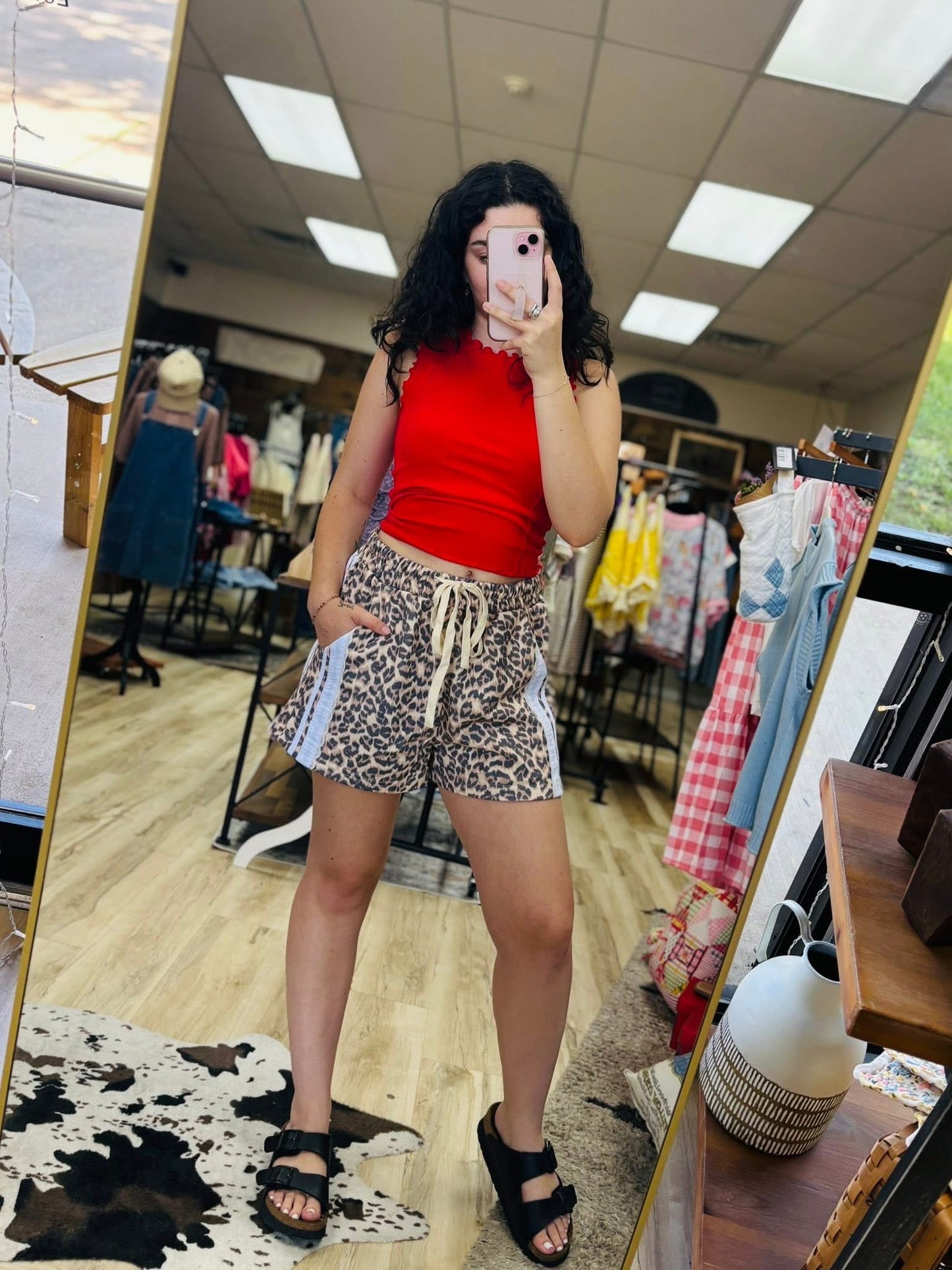 LEOPARD TERRY SIDE DRAWSTRING SHORTS WITH SIDE POCKET