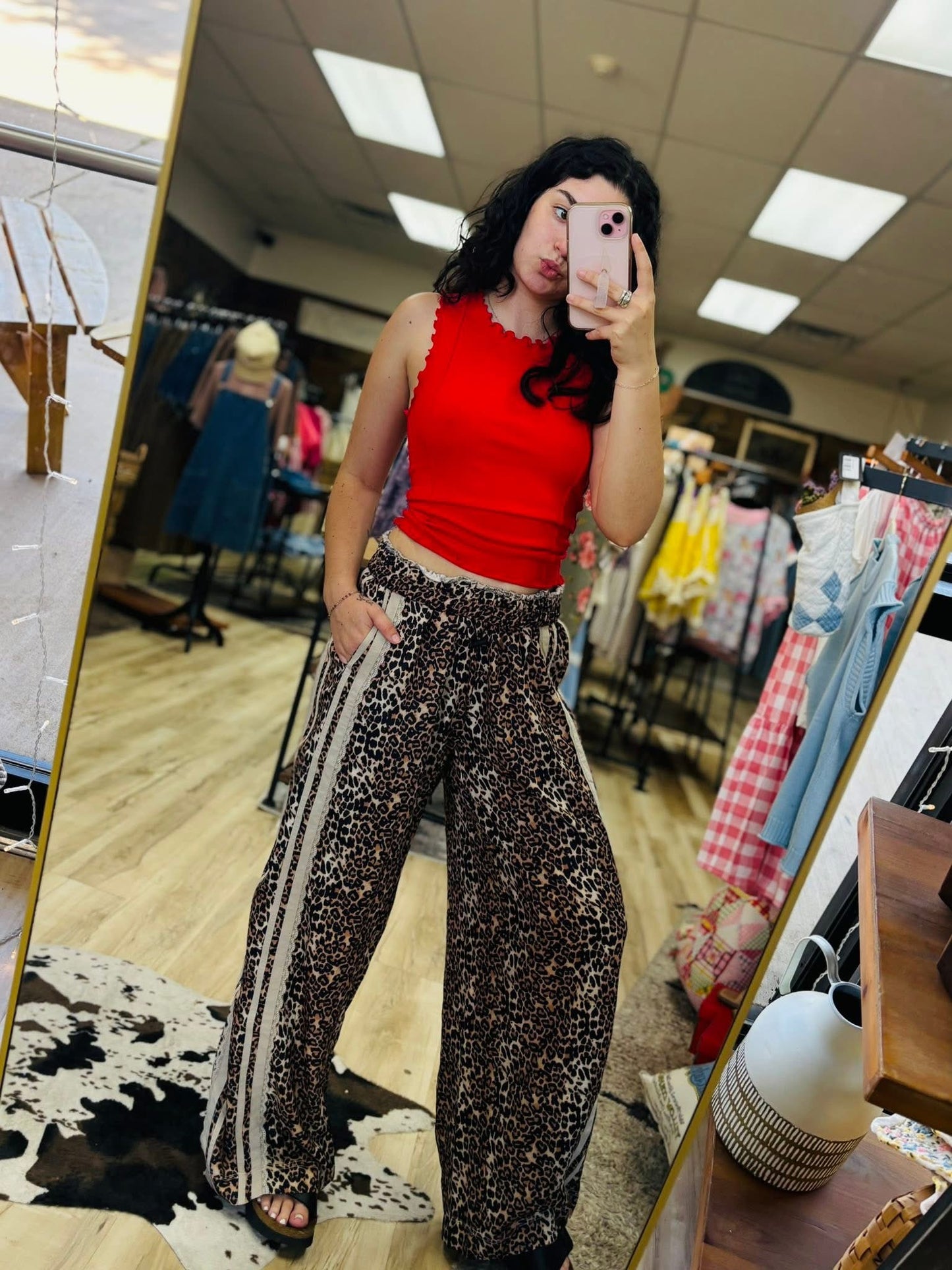 LEOPARD PRINTED PANTS SIDE CONTRAST LACE
