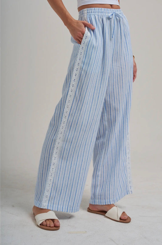 Casual Pants w/Delicate Ribbon Trim -Vintage Blue