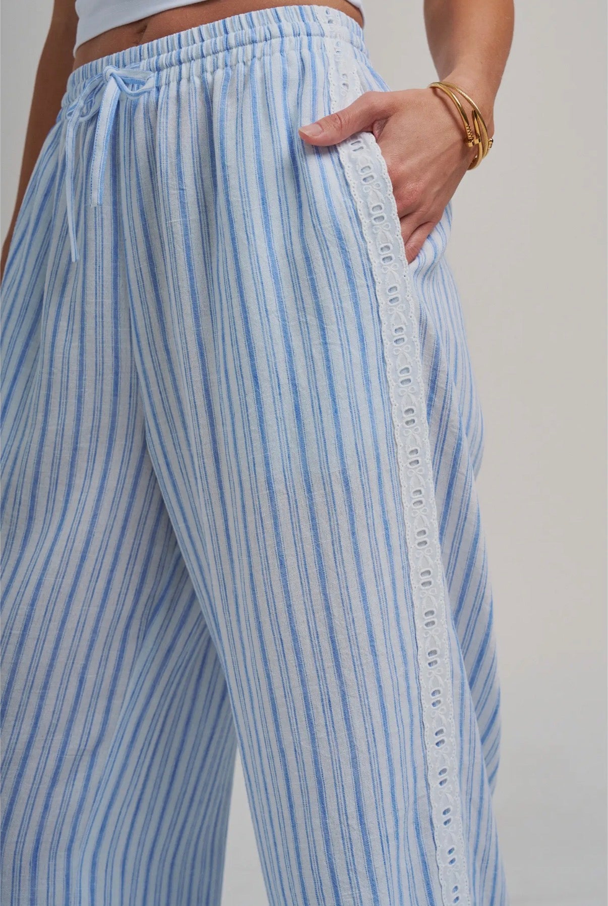 Casual Pants w/Delicate Ribbon Trim -Vintage Blue
