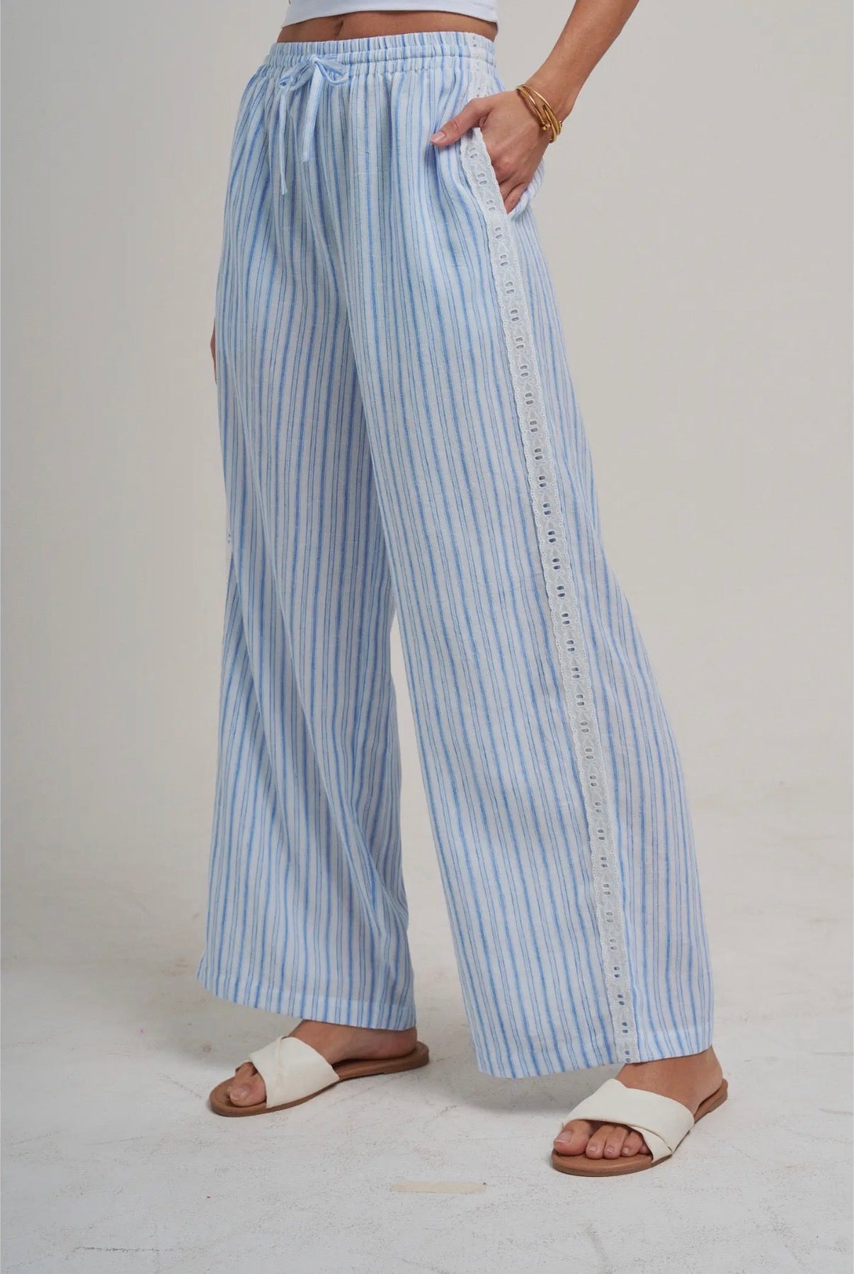 Casual Pants w/Delicate Ribbon Trim -Vintage Blue