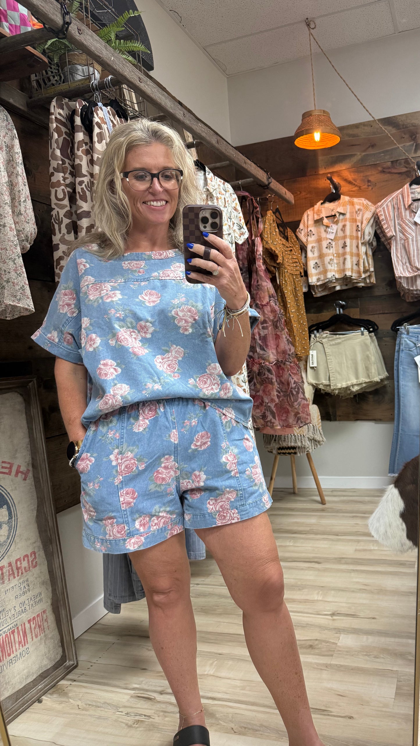Floral Cuffed Short Sleeve Top Loose Shorts 2pcs Denim Set