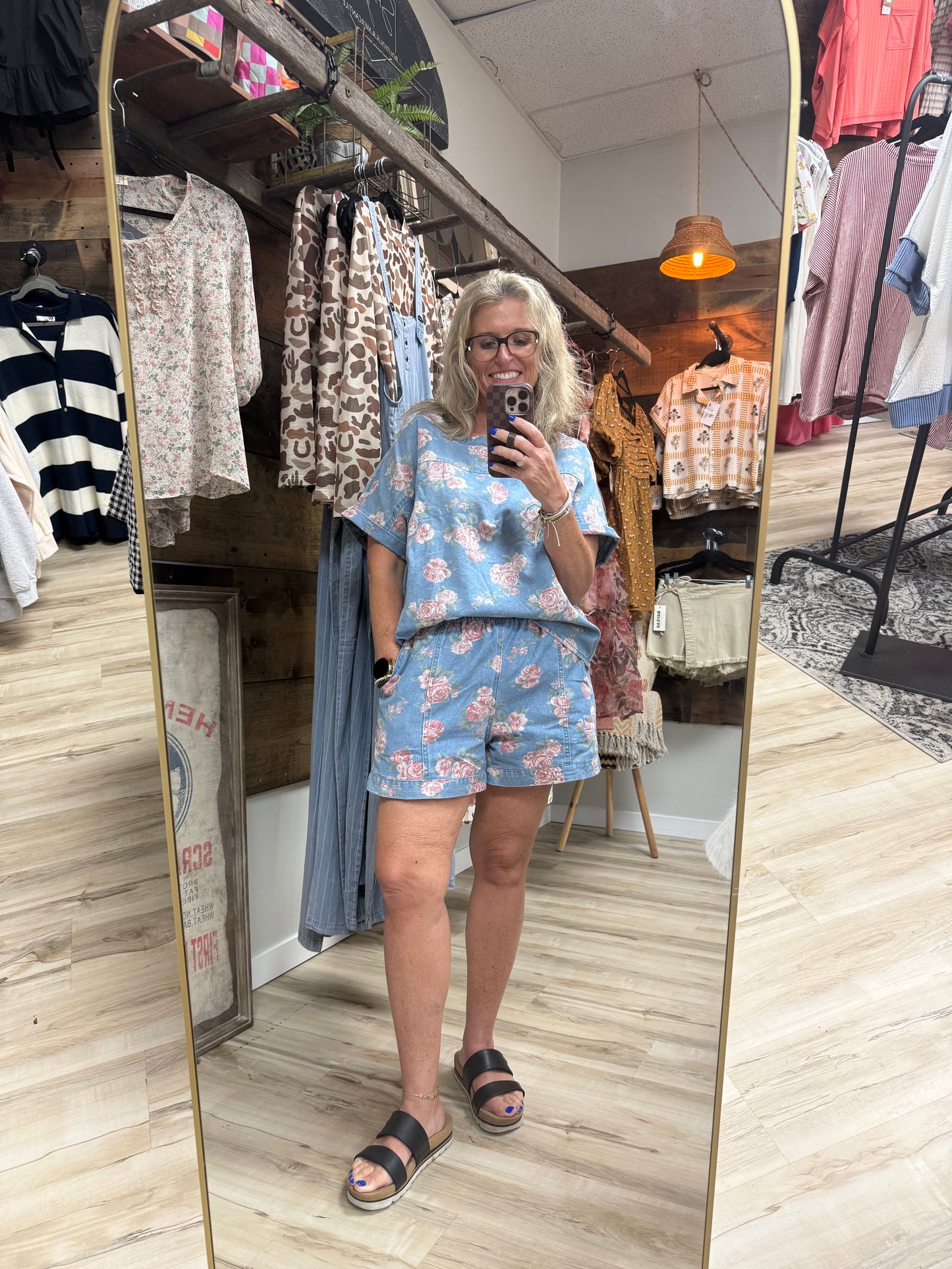 Floral Cuffed Short Sleeve Top Loose Shorts 2pcs Denim Set